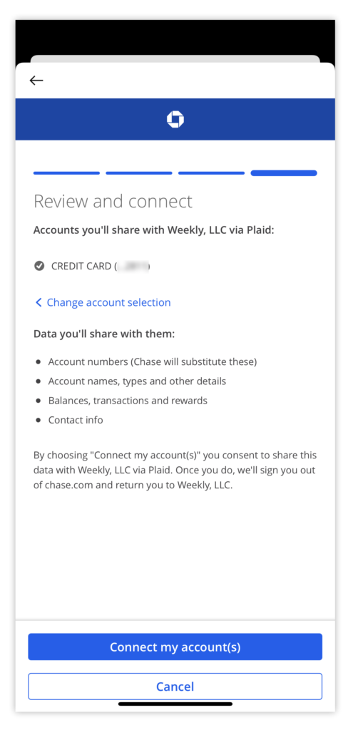 Mobile screenshot Chase and Plaid connection via OAuth