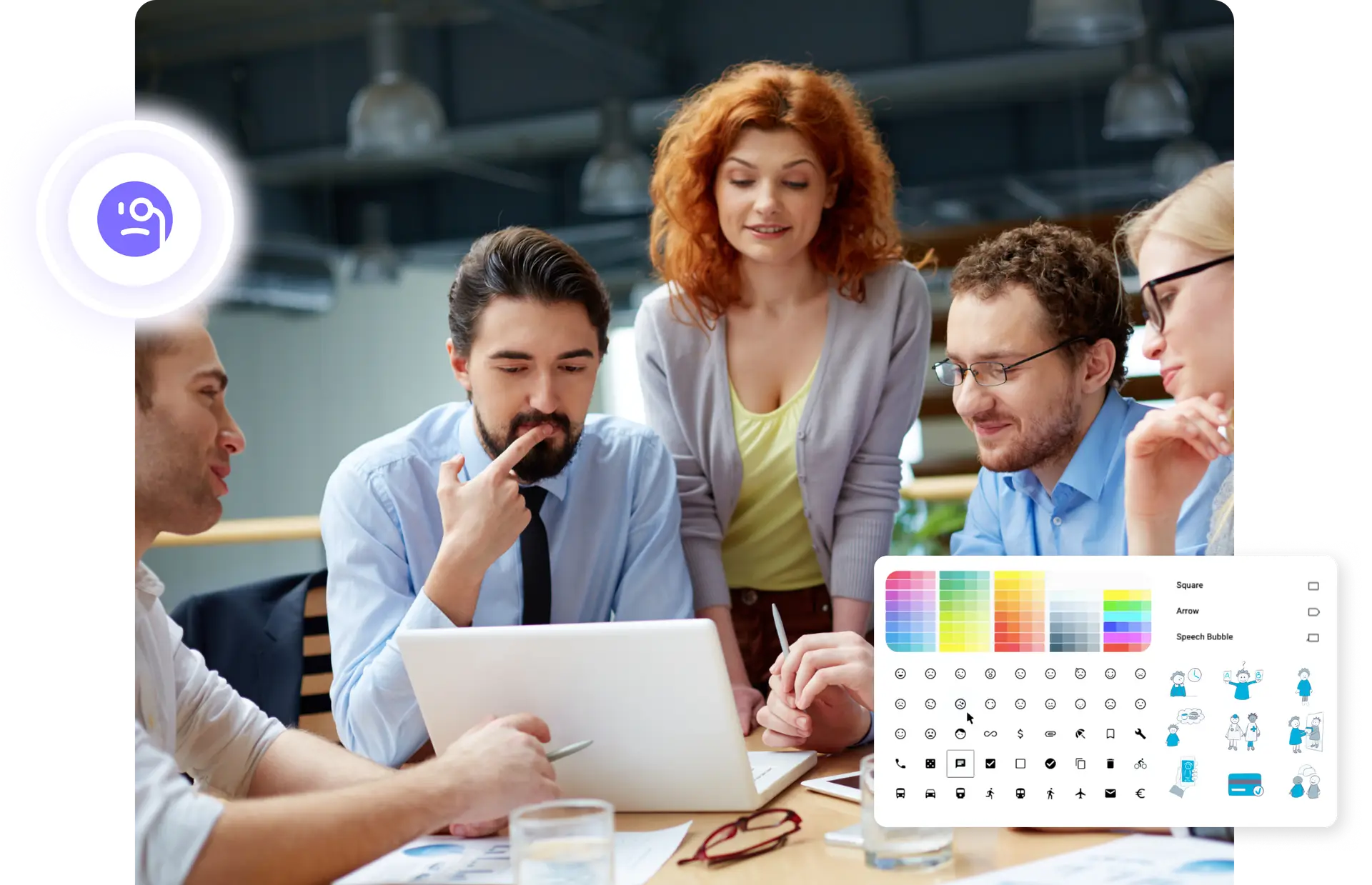 A group of 5 people sitting together, watching a laptop and customizes a customer journey map with colouring, icons and images, to catch the interest of stakeholders and leaders.