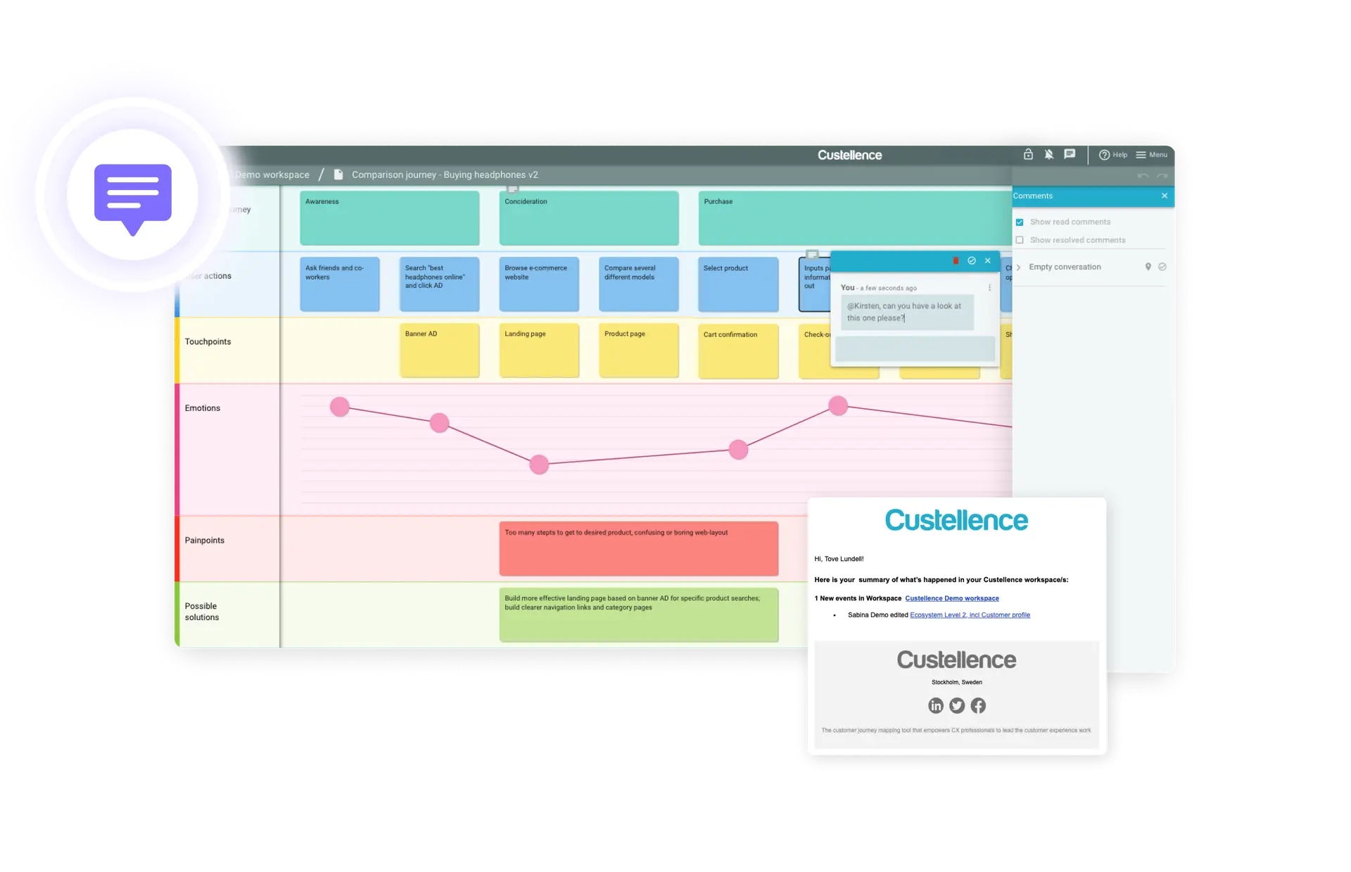 A digital tool with charts and data visualization displayed on screen, illustrating a step-by-step process with sections highlighted in various colors, accompanied by a document, chat icon, and proactive notification alerts