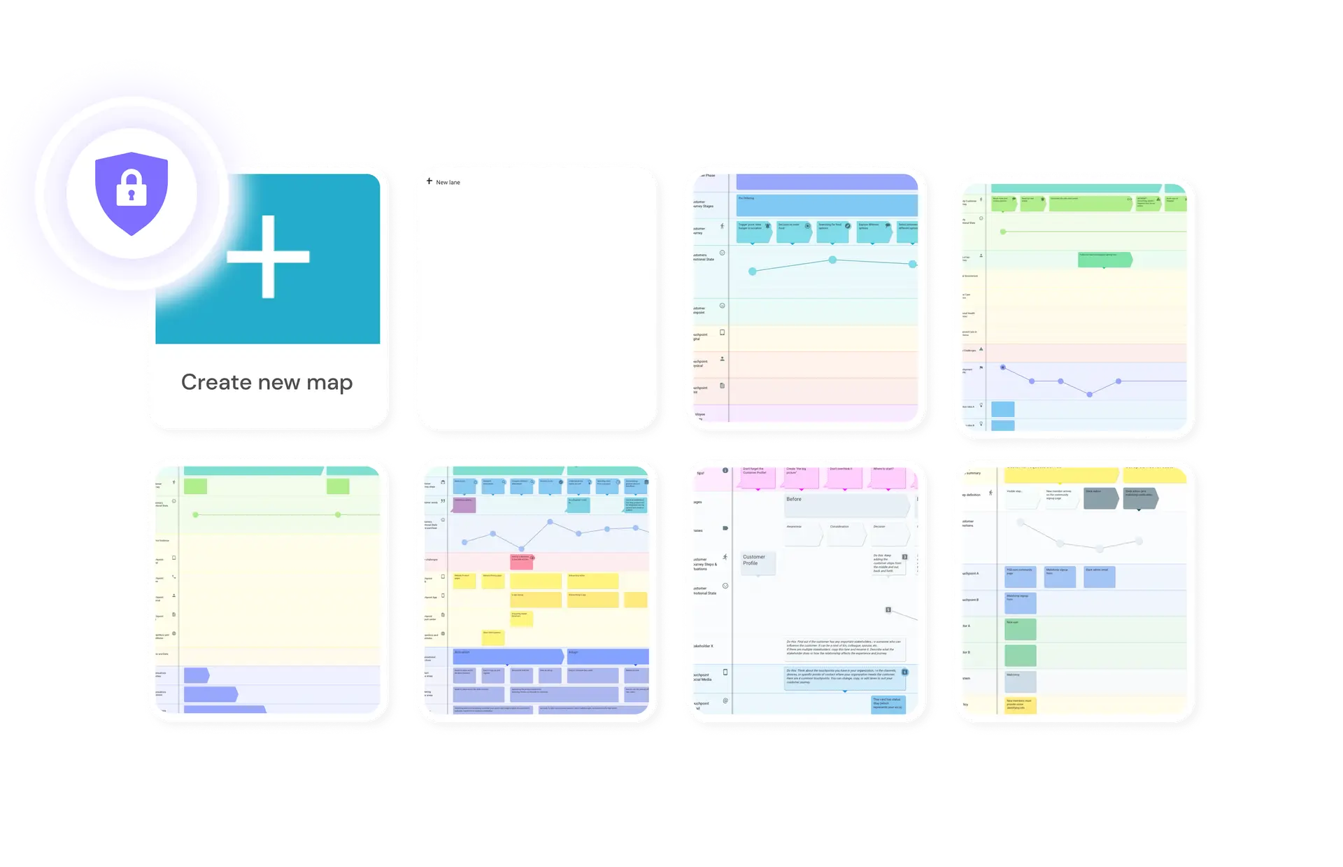 A collection of map templates with a security symbol in the top left corner, showing that Custellence have the highest data security.