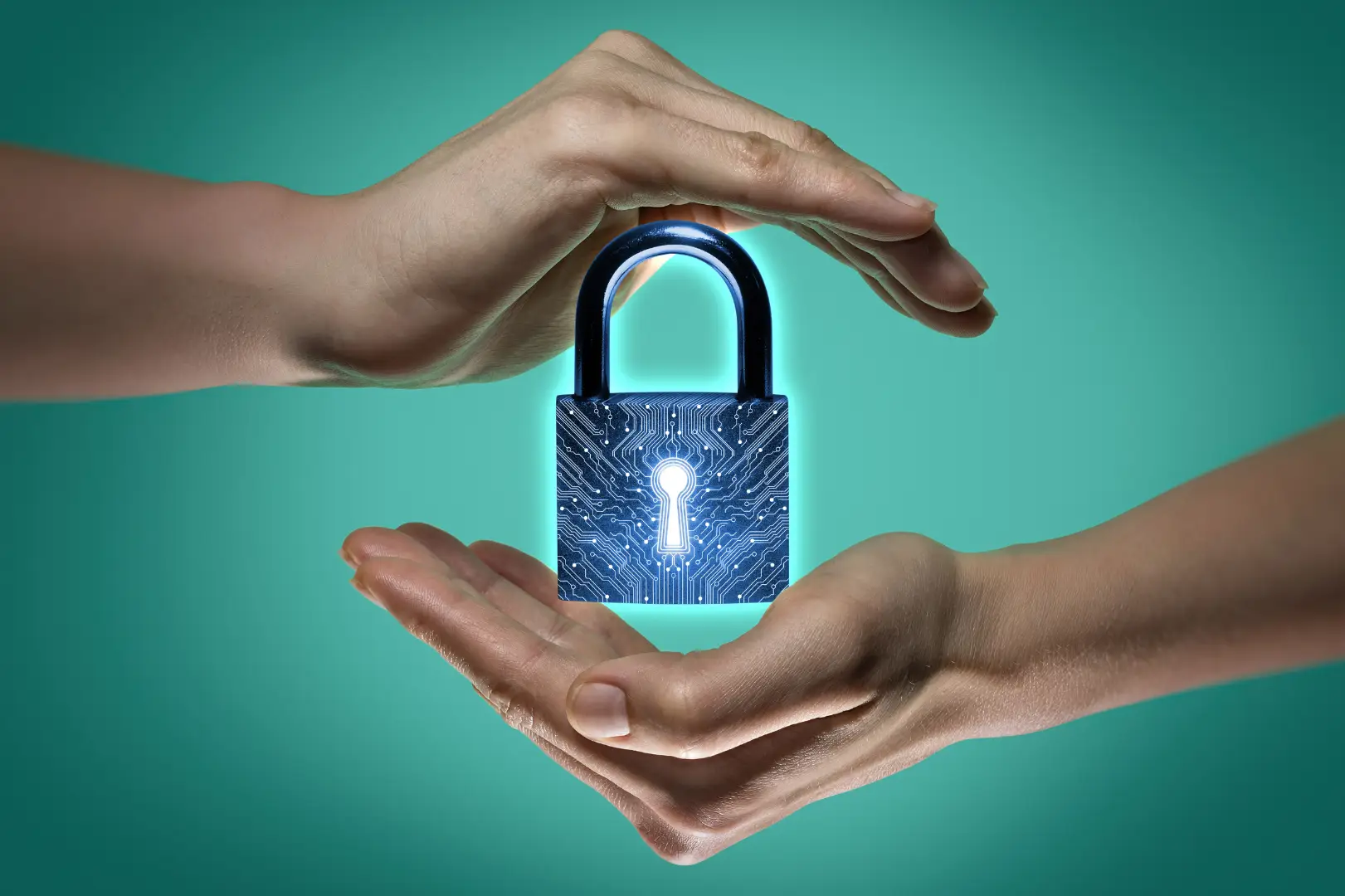 Two hands holding a padlock in the center of the picture. The padlock shows data movement and illustrates Custellence SOC2 certification.