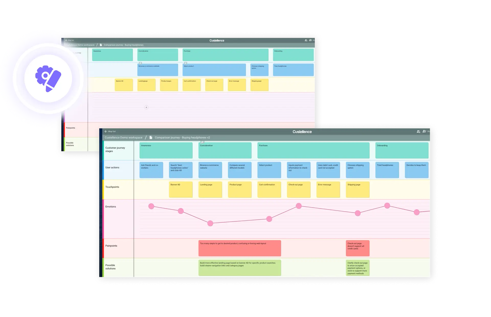 Two customer journey maps showing, one thats more filled in than the other, showcasing that the map doesn´t need to be filled in completely from start but being evolved over time.