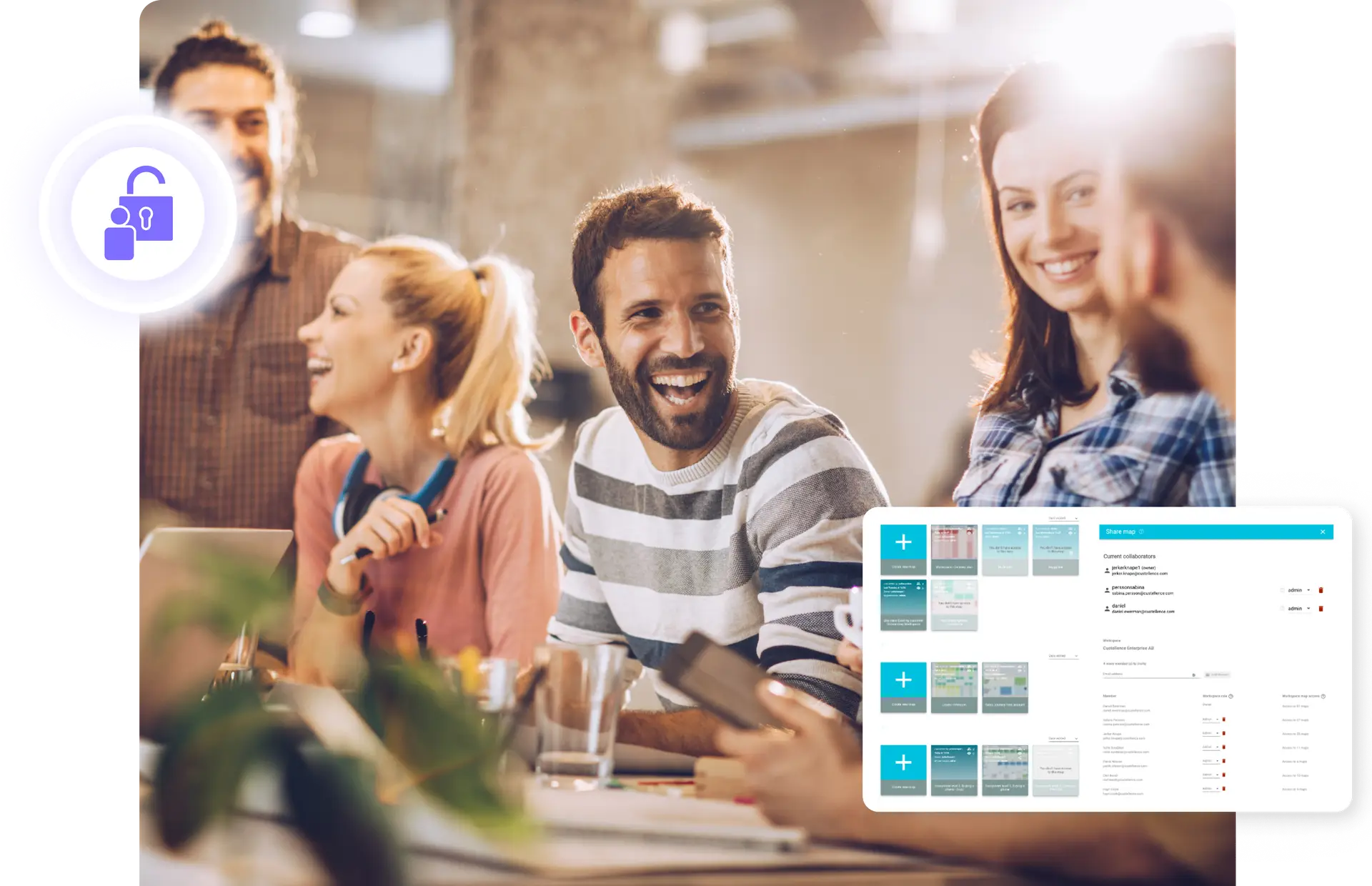 A happy team sitting together and working on their phones or laptops. They have access to different maps depending on their role and department which can be seen in the bottom left corner illustrating the workspace and collections thats open to certain users.