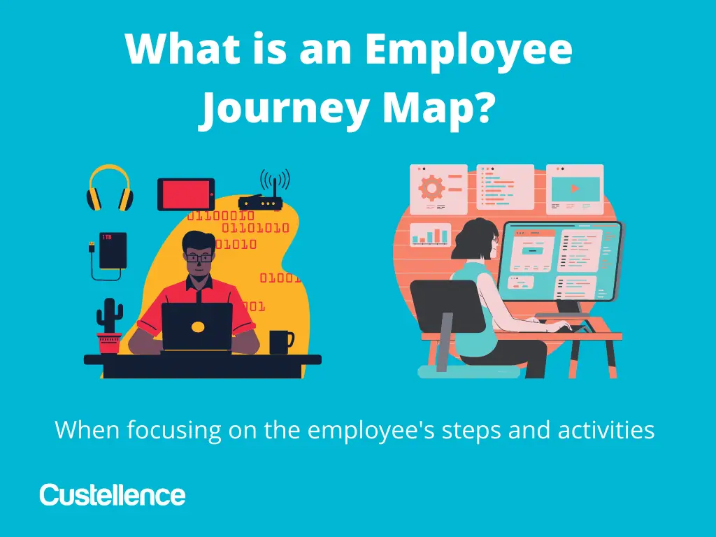 A visualization of whats included in an Employee journey map. Two persons sitting and working by their desks.