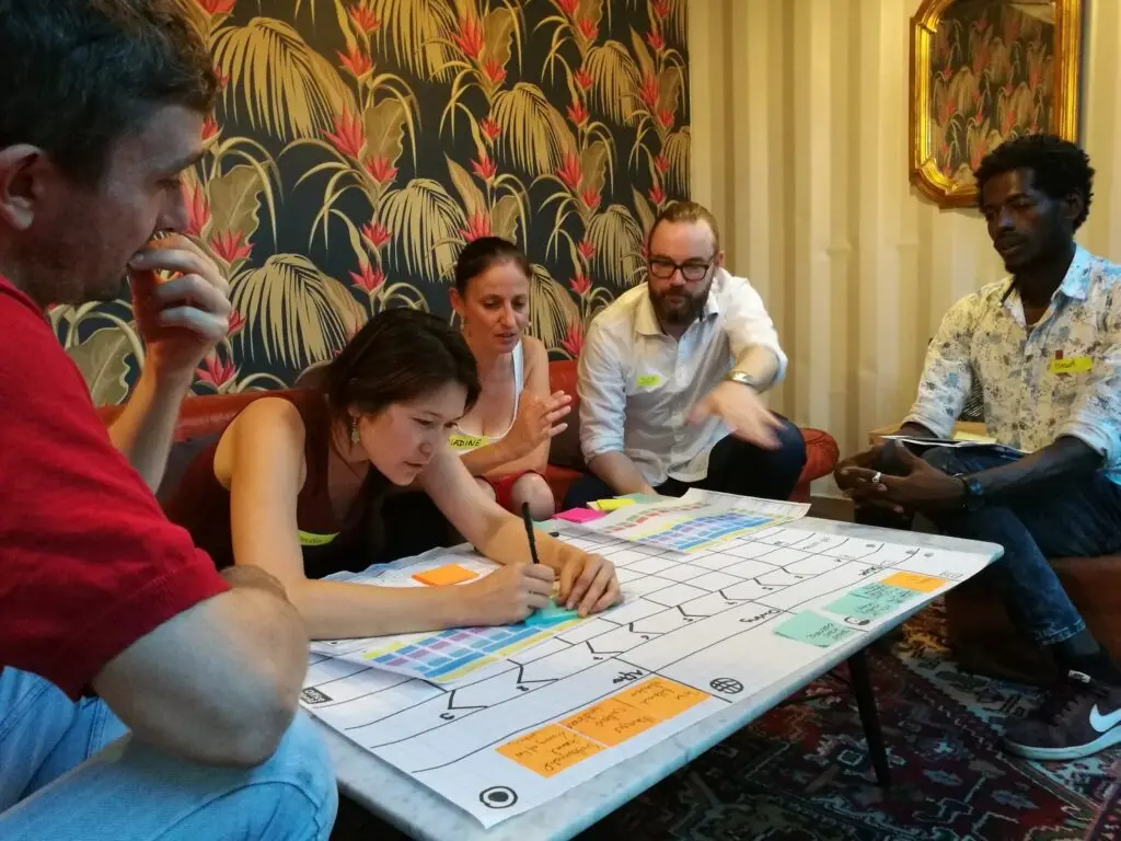 A diverse team is sitting around a table with a big white-board on it. Writing notes and creating post-its.